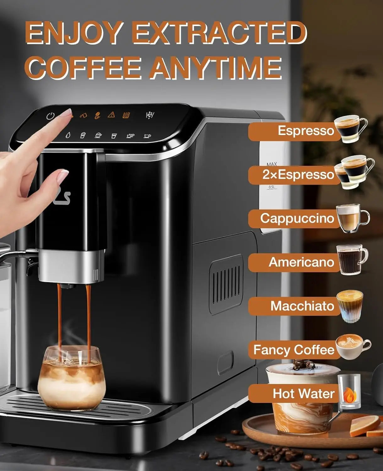 20-Bar Fully Automatic Espresso Coffee Machine with Grinder,Auto Milk Frother,Auto-Cleaning Coffee Maker for Latte Cappuccino