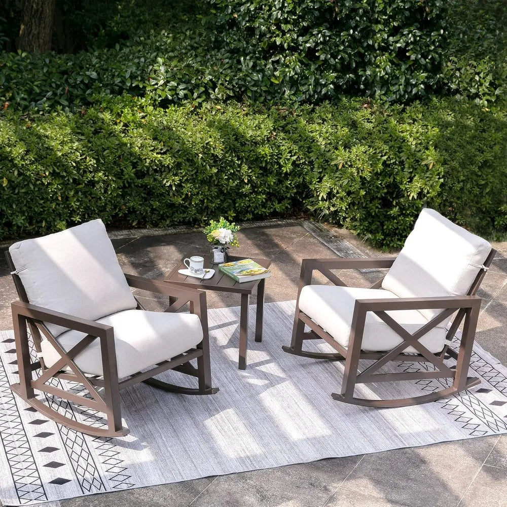 Rocking Bistro Set, 3 Piece Outdoor Patio Conversation Furniture Set with 2 Rockers and 1 Metal Coffee Table with Thick Cushion