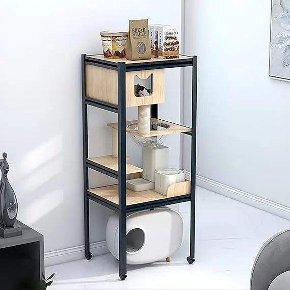 Solid Wood Indoor Cat Climbing Structure - Heavy Duty Multi-Level Cat Tree House with 360° Swivel Casters and Luxury Villa Desig