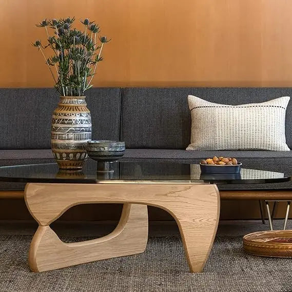 Triangle Glass Coffee Table Modern Noguchi Coffee Table, Vintage Glass, and Wood End Table, Solid Wood Base and Clear Glass Top