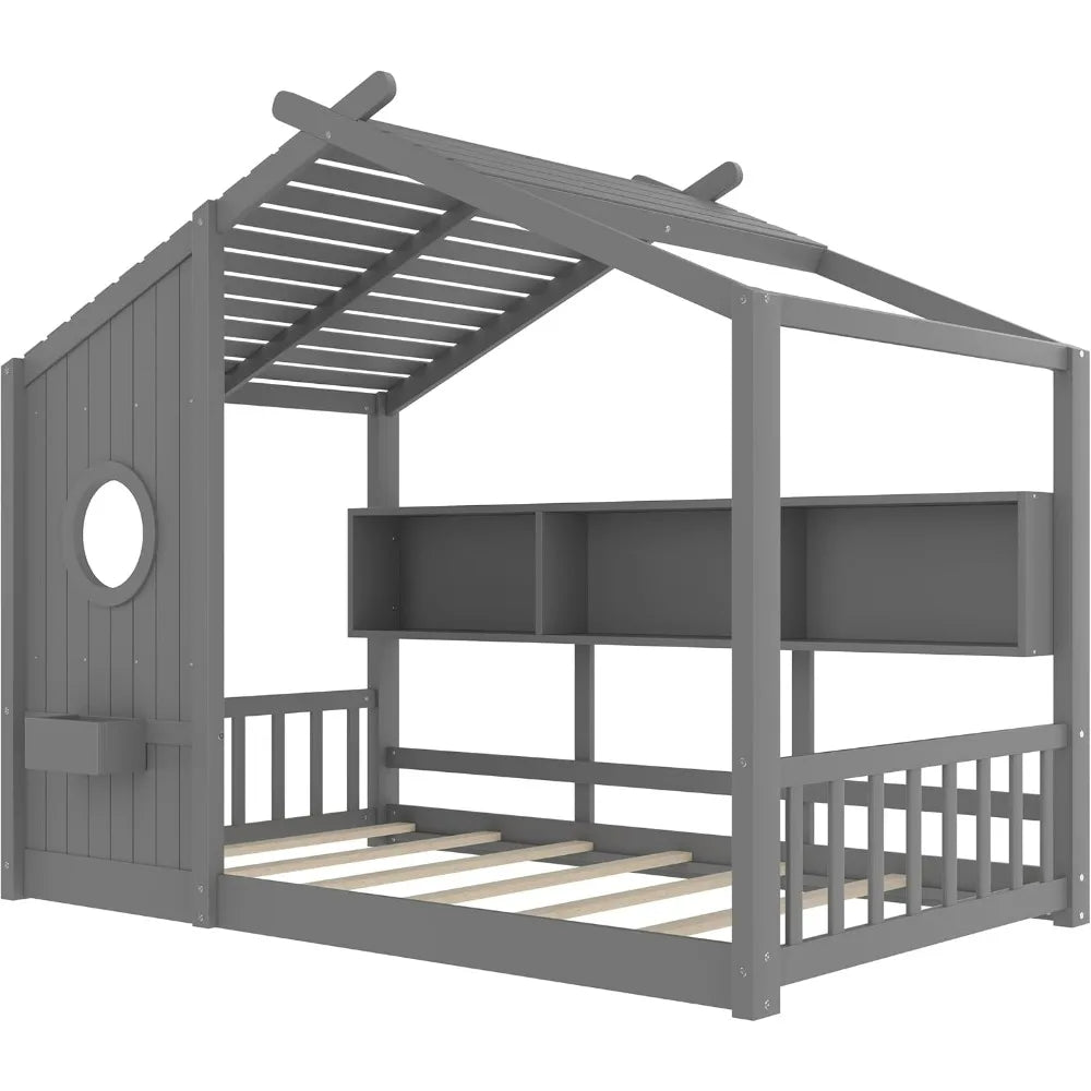 Twin-Sized Storage-Friendly Kids' Montessori Bed with Wooden House Frame and Roof for Girls