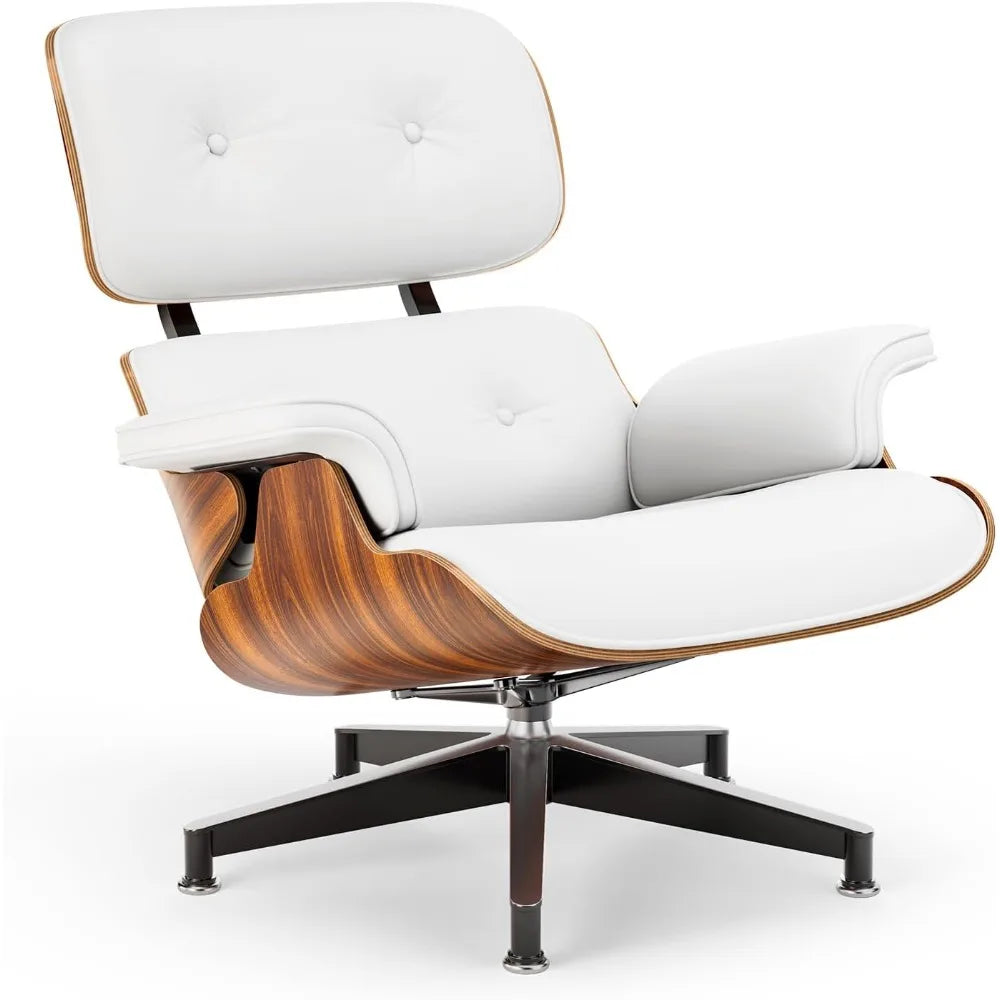Top White PU Leather, Mid Century Chaise Lounge Chair and Ottoman, Modern Chair Classic Design, Palisander Wood, Heavy Duty Base