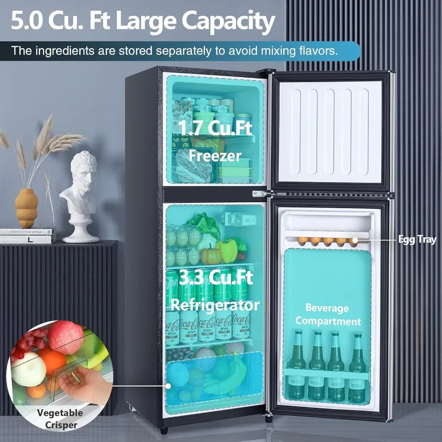 5.0 Cu.Ft Dual Door Refrigerator with Freezer for Dorm Office Apartment and Home Use Featuring 7 Temperature Settings for Adjus