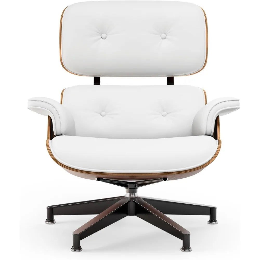 Top White PU Leather, Mid Century Chaise Lounge Chair and Ottoman, Modern Chair Classic Design, Palisander Wood, Heavy Duty Base