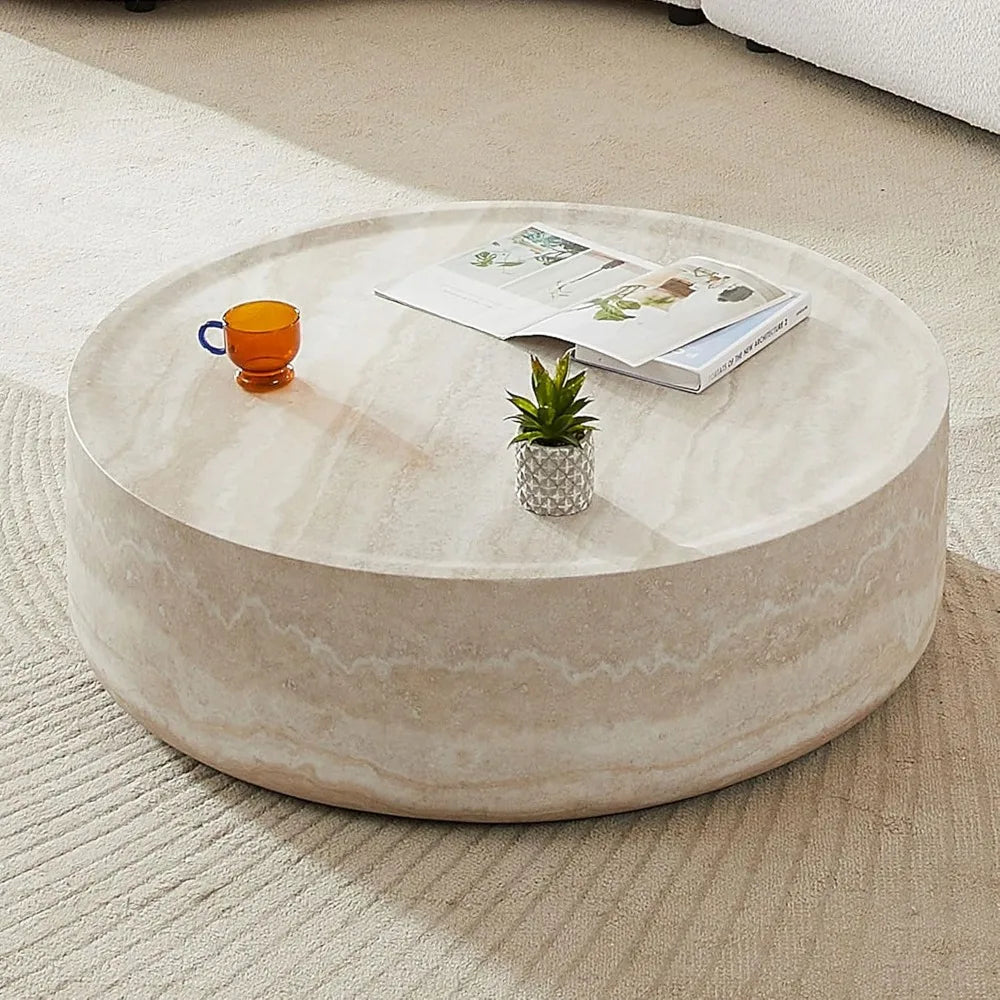 Modern Drum Style Fiberglass Coffee Table, Round Marble-Look Table for Living Spaces and Apartments