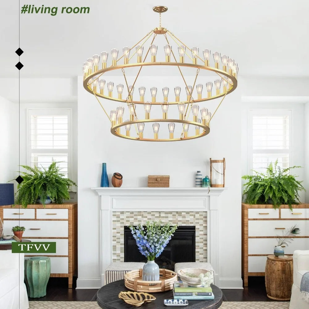 60‘’ Grand Circle 54-Light  Lamps Gold Wagon Wheel Chandelier 2 Tier Design Rustic Fixture Lighting  Lights For Room Home Decor