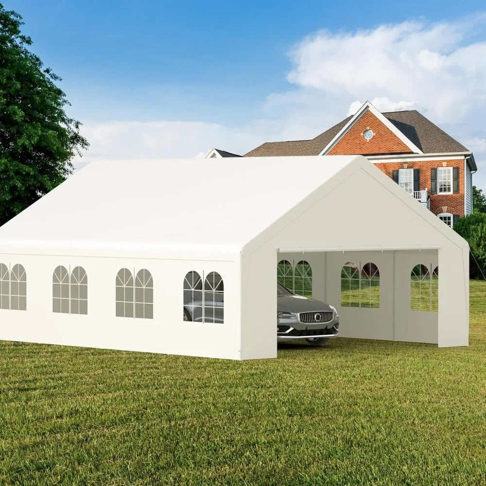 20' x 26' Heavy Duty Carport with Roll-up Visual Windows, Reinforced Party Tent with Removable Sidewalls & Doors for Parties, W