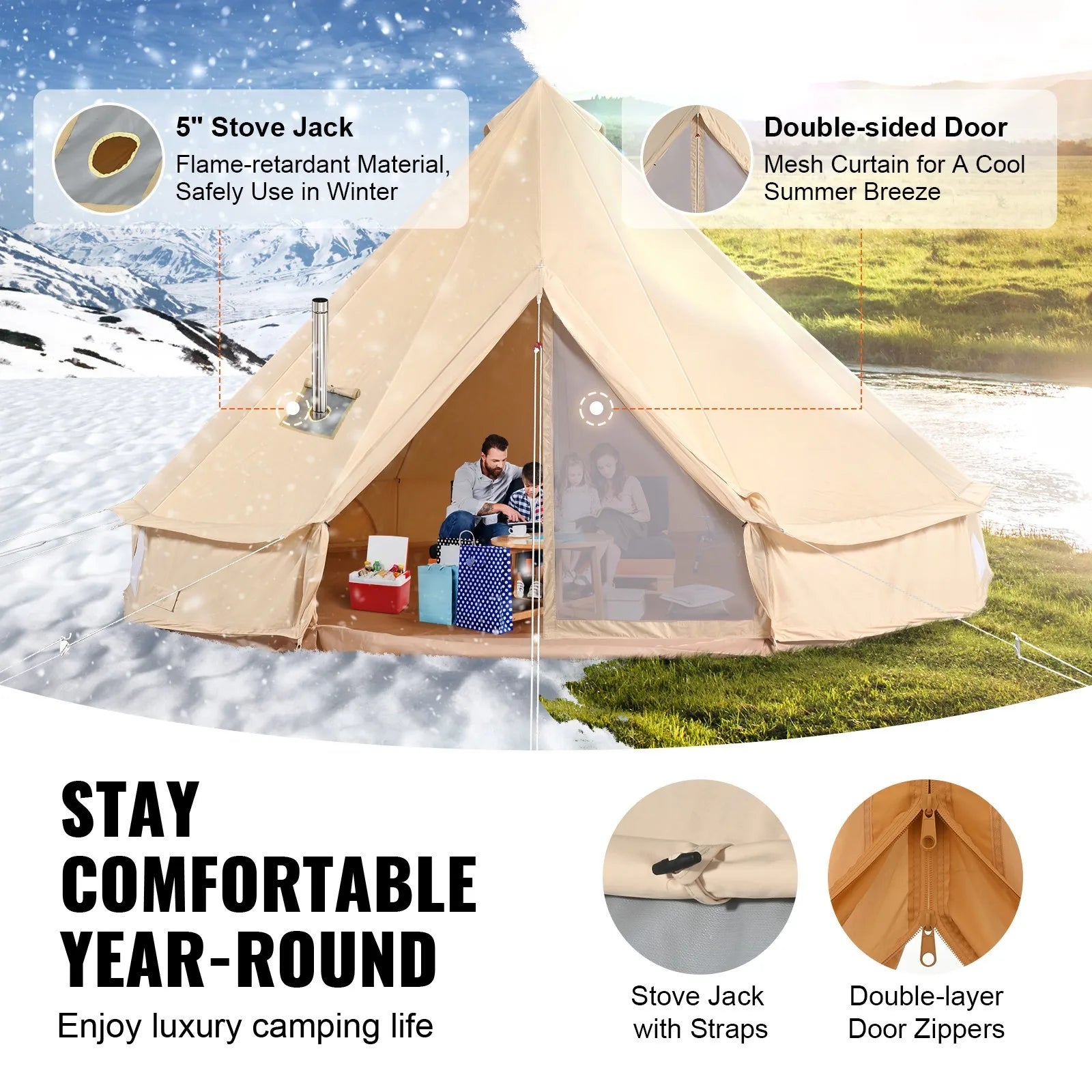 Canvas Bell Tent 5m/16.4ft 4-Season Camping Yurt Tent with Stove Jack