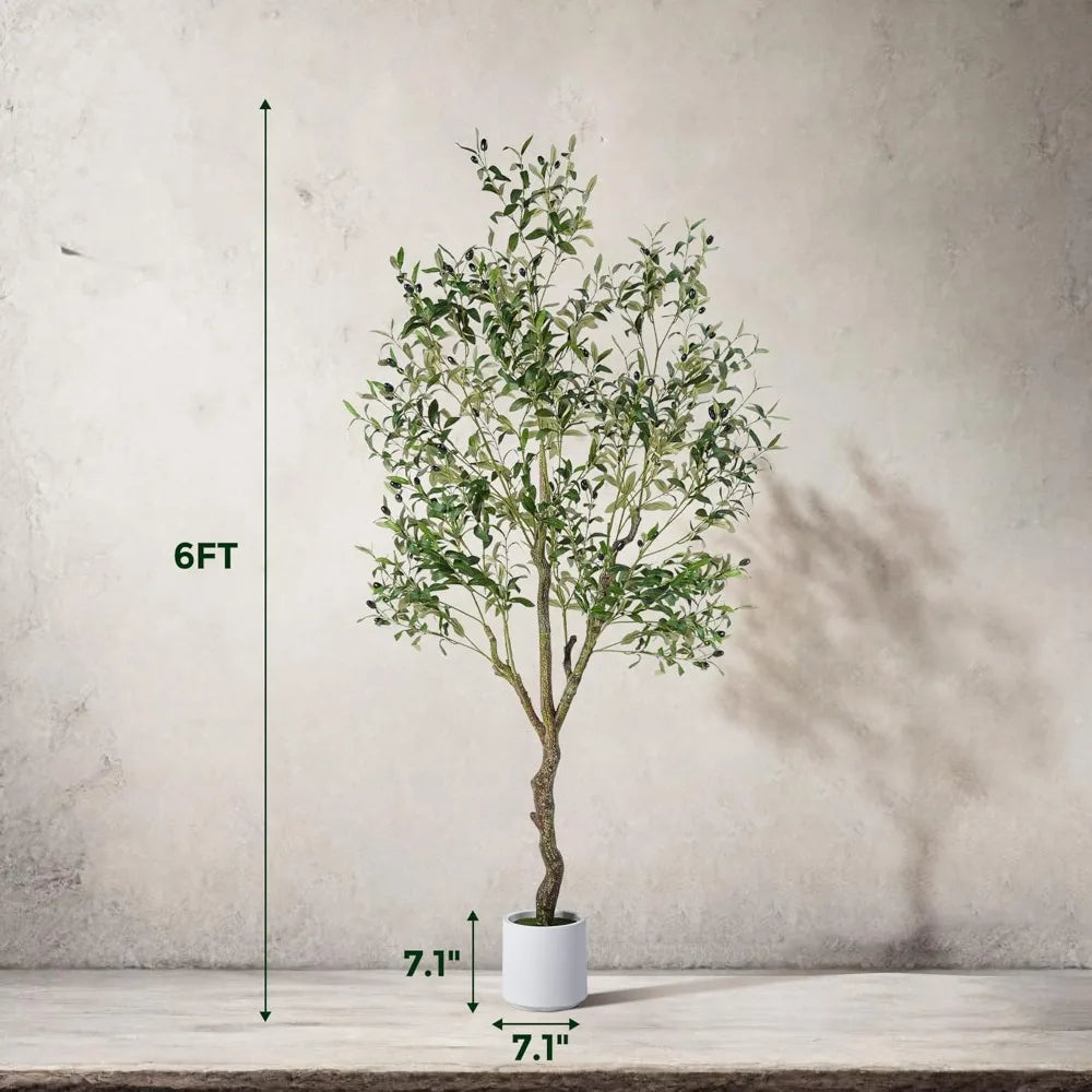 6FT Artificial Olive Tree with Realistic Trunk & White Planter, Faux Silk Plant for Home Decor, Housewarming Gift
