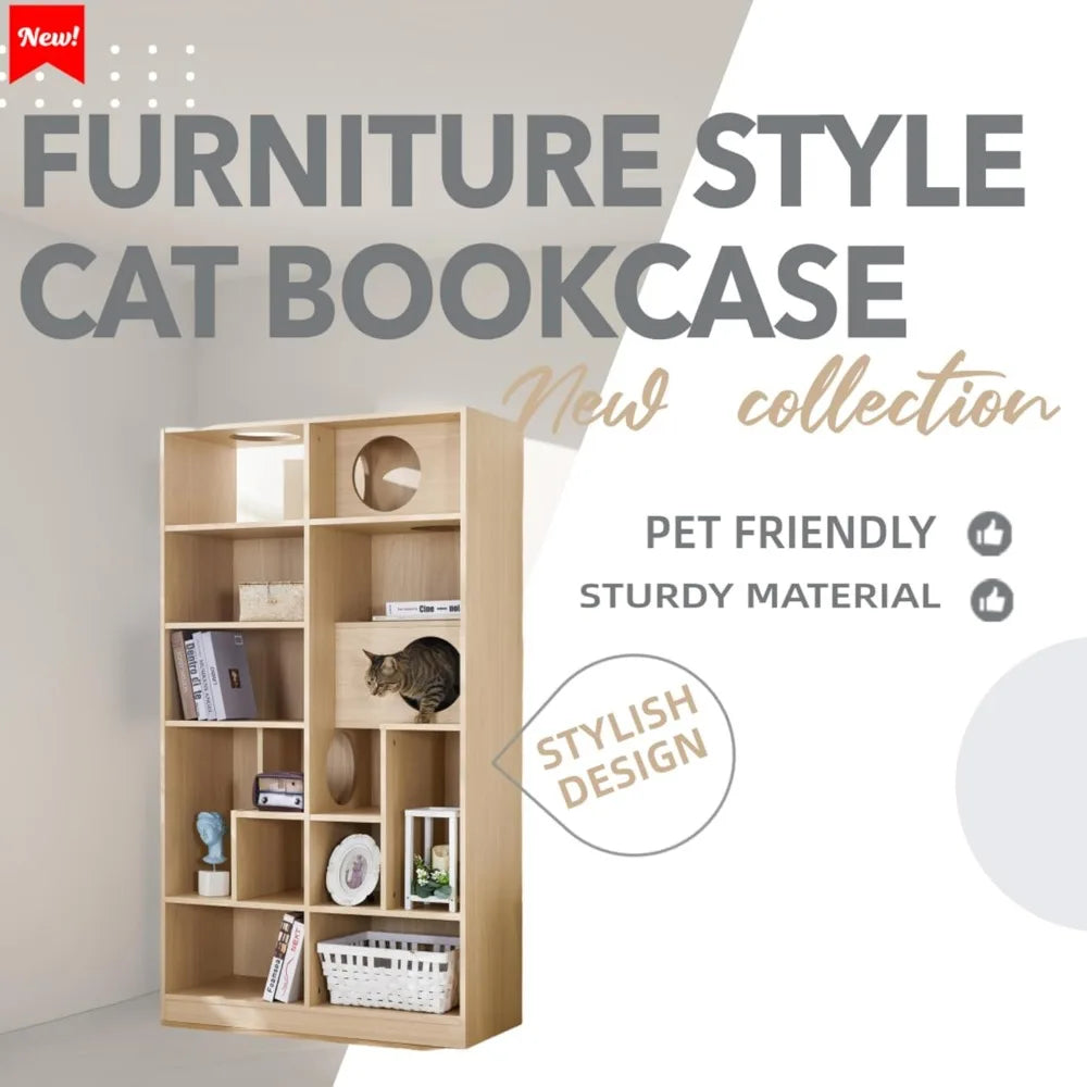 63 Cat Tree and Bookshelf Combo, Dual-Purpose Wooden Cat Tower with Litter Box Enclosure and Storage, Sleek Modern Design