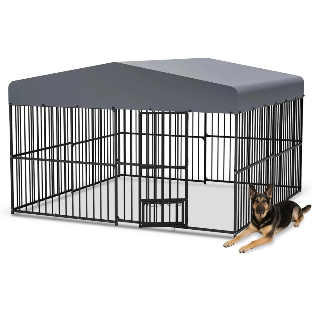 Large Outdoor Dog Cage - 10x10x6 Heavy-Duty Rust-Proof Galvanized Steel Kennel Enclosure with Barrier Fence for Secure Outdoor L