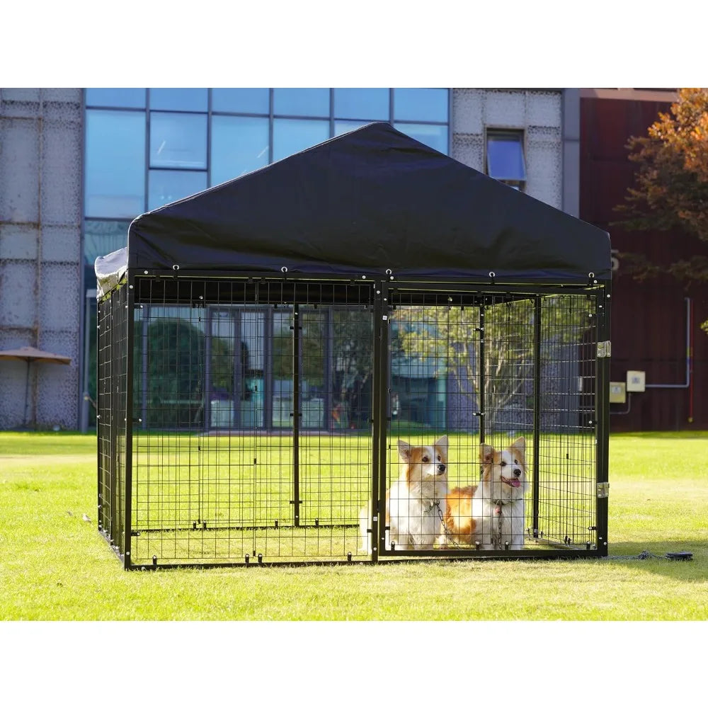 Sturdy Outdoor Dog Enclosure with Roof and Double Locks - Galvanized Steel Kennel (79W x 79D)