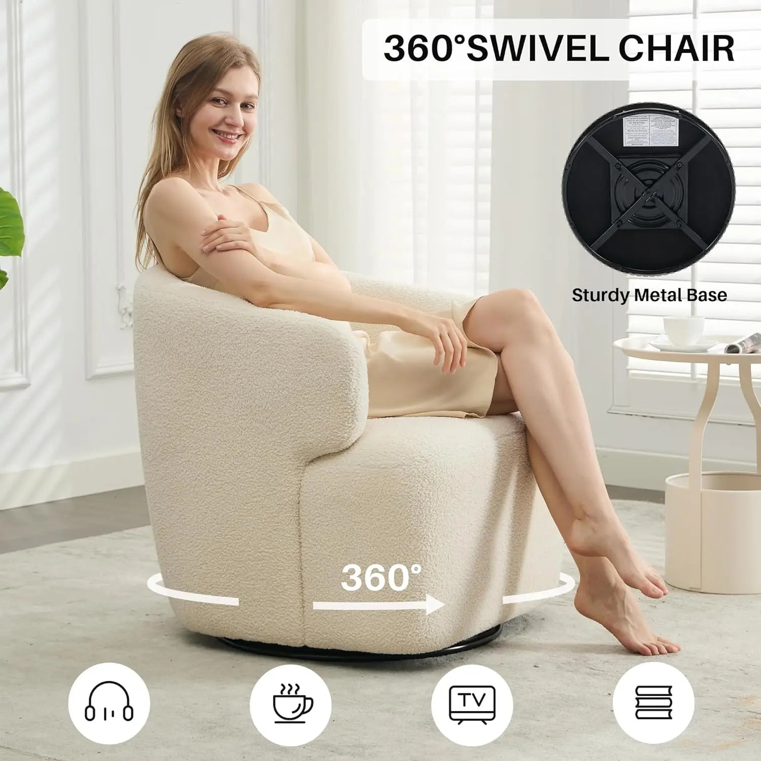 Swivel Accent Chair, Sherpa Teddy Barrel Chair, Cozy Round Boucle Armchair, Metal Base, Beige Cream White