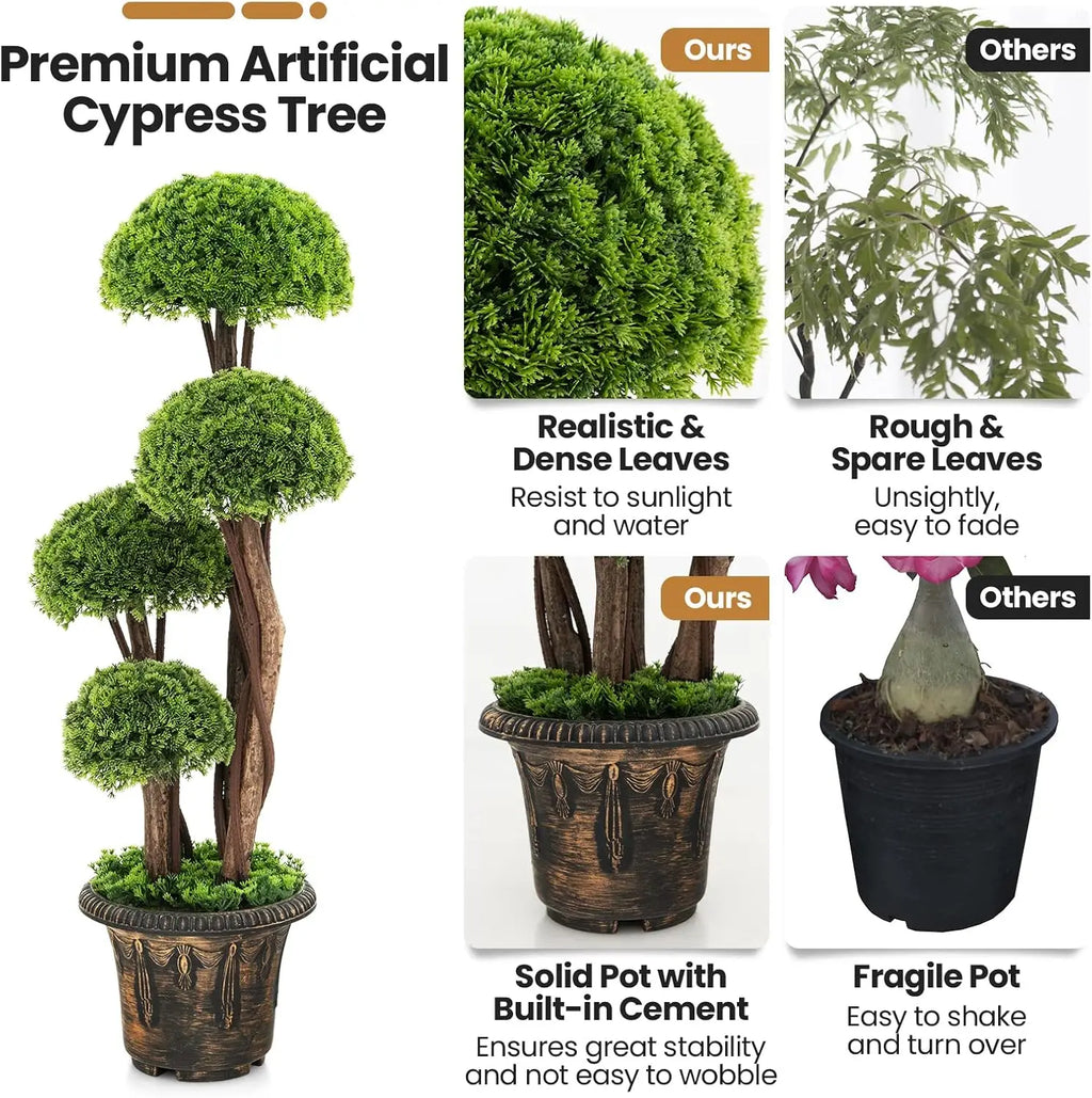 Artificial Cypress Topiary Ball Tree, 2 Pack 3 Ft Tall Artificial Plant, Indoor/Outdoor Topiary Trees with Golden Cement Pot