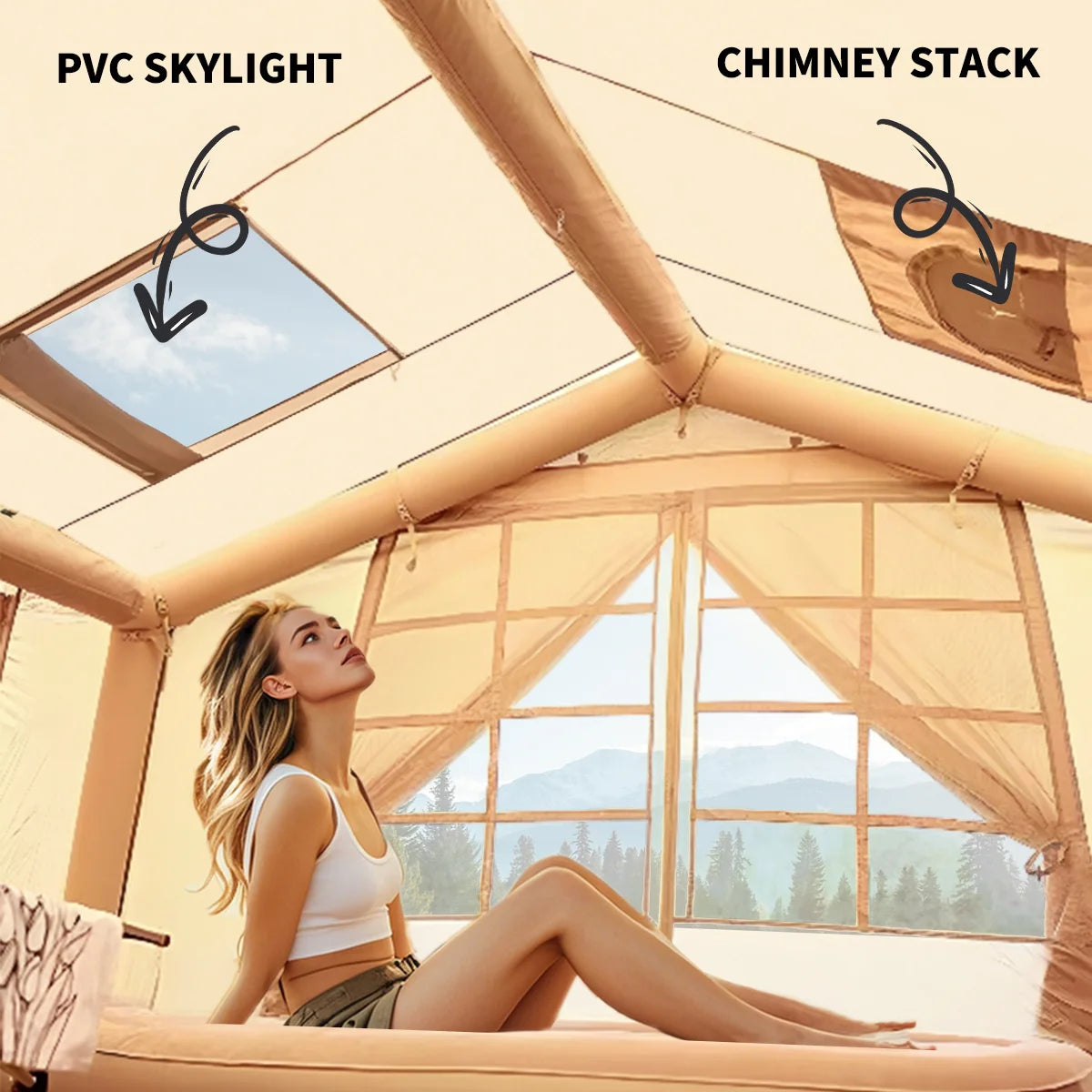 6-8 Person Large Inflatable Camping Tent, 4 Season Blow Up Tent with Rainfly/Canopy, Luxury Air Tent House with Stove Jack