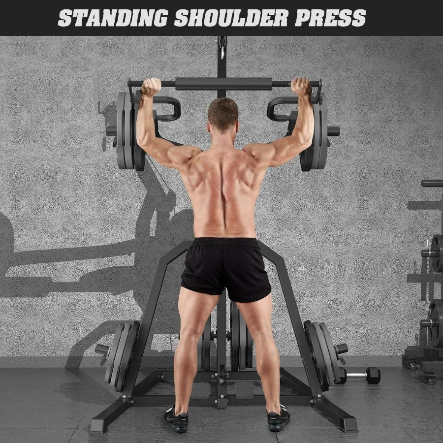 Power Rack Squat Rack Lever Gym with LAT Low Row System Home Gym System Workout Station 2:1 Ratio (Without Weight Plates)