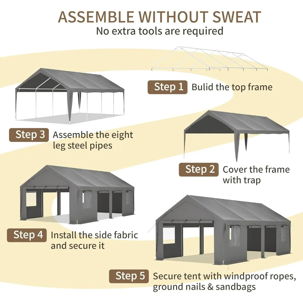 Carport 25x13ft Heavy Duty Canopy Storage Shed,Extra Large Portable Outdoor Garage with 4 Roll-up Doors & 4 Windows and All-Seas