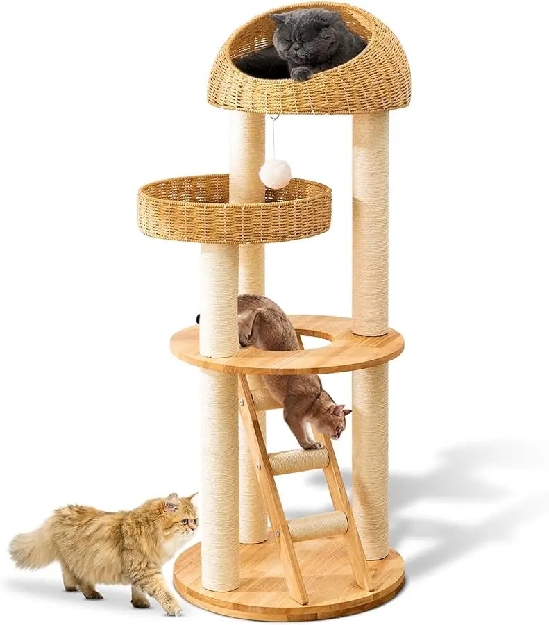 Large Wood Cat Tree Tower for Indoor Cats, Multi-Cats Scratching Post & Cat Condo with Handwoven Cat House Basket, Thick Sisal P