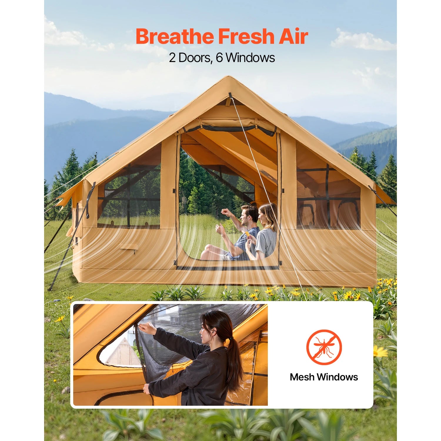 SucceBuy Inflatable Tents for Camping Easy Setup Blow up Tent with Hand Pump Glamping Tent with Skylight Stove Jack Mesh Windows