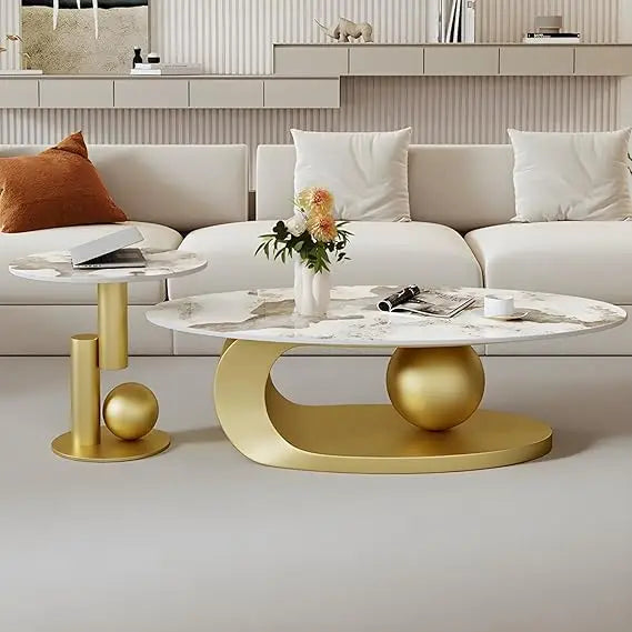Modern Stone Coffee Table with Abstract Metal Base Living Room Table Center Table for Home Furniture