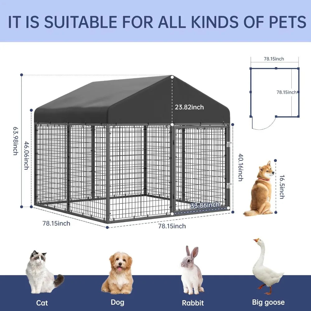 Sturdy Outdoor Dog Enclosure with Roof and Double Locks - Galvanized Steel Kennel (79W x 79D)