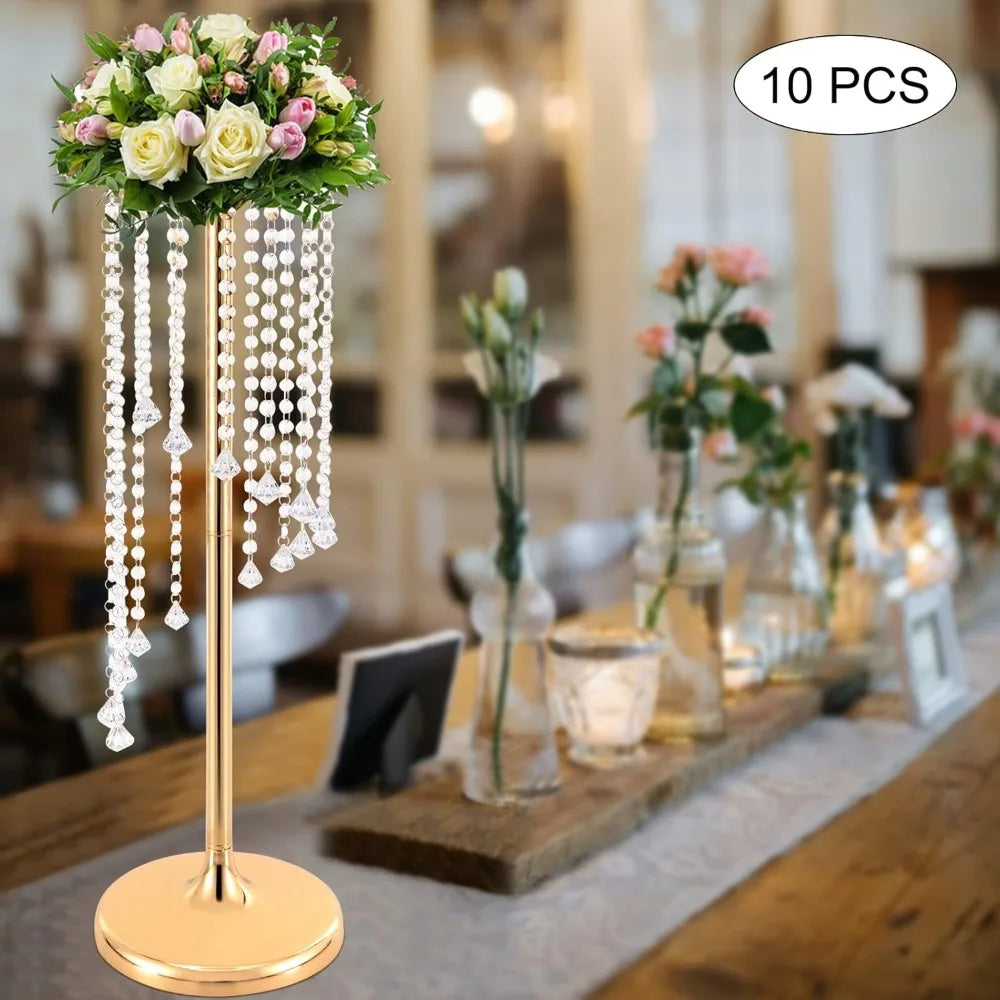 Centerpieces Gold Vases, 10PCS Metal Flower Candle Holder with Sparkling Crystal Beads, Crystal Flower Vase Metal Flowers