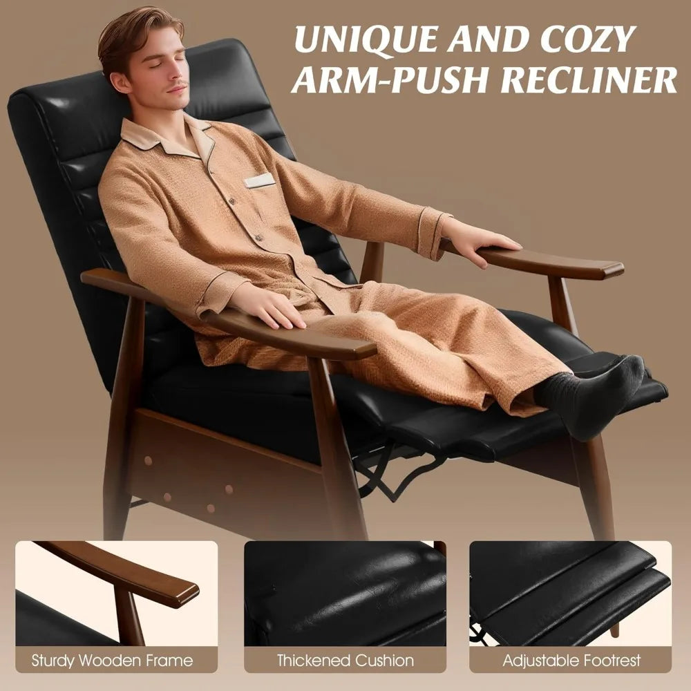 Leather Recliner Chair, Mid Century Push Back Accent Ｃhair, Comfortable Living Room Chair with Solid Wood Frame, High Back Loung