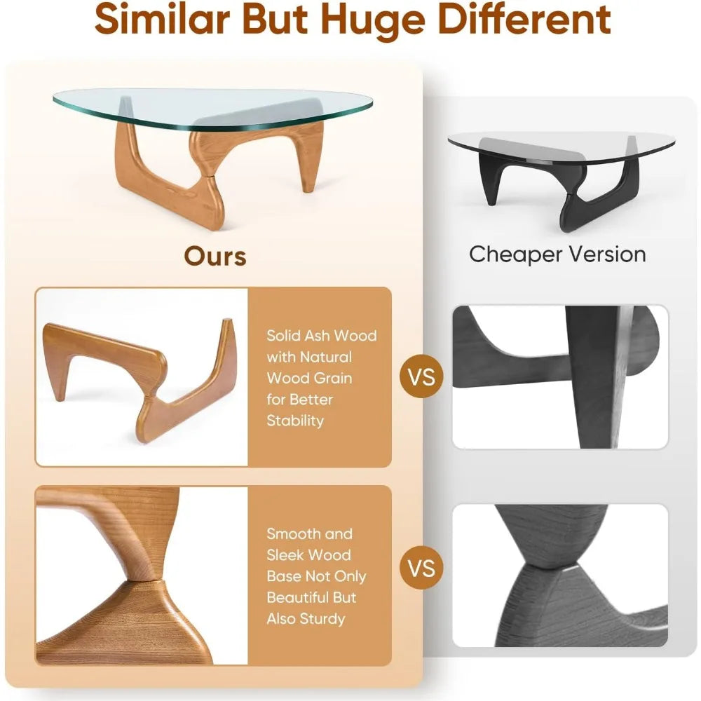 Triangle Glass Coffee Table Modern Noguchi Coffee Table, Vintage Glass, and Wood End Table, Solid Wood Base and Clear Glass Top