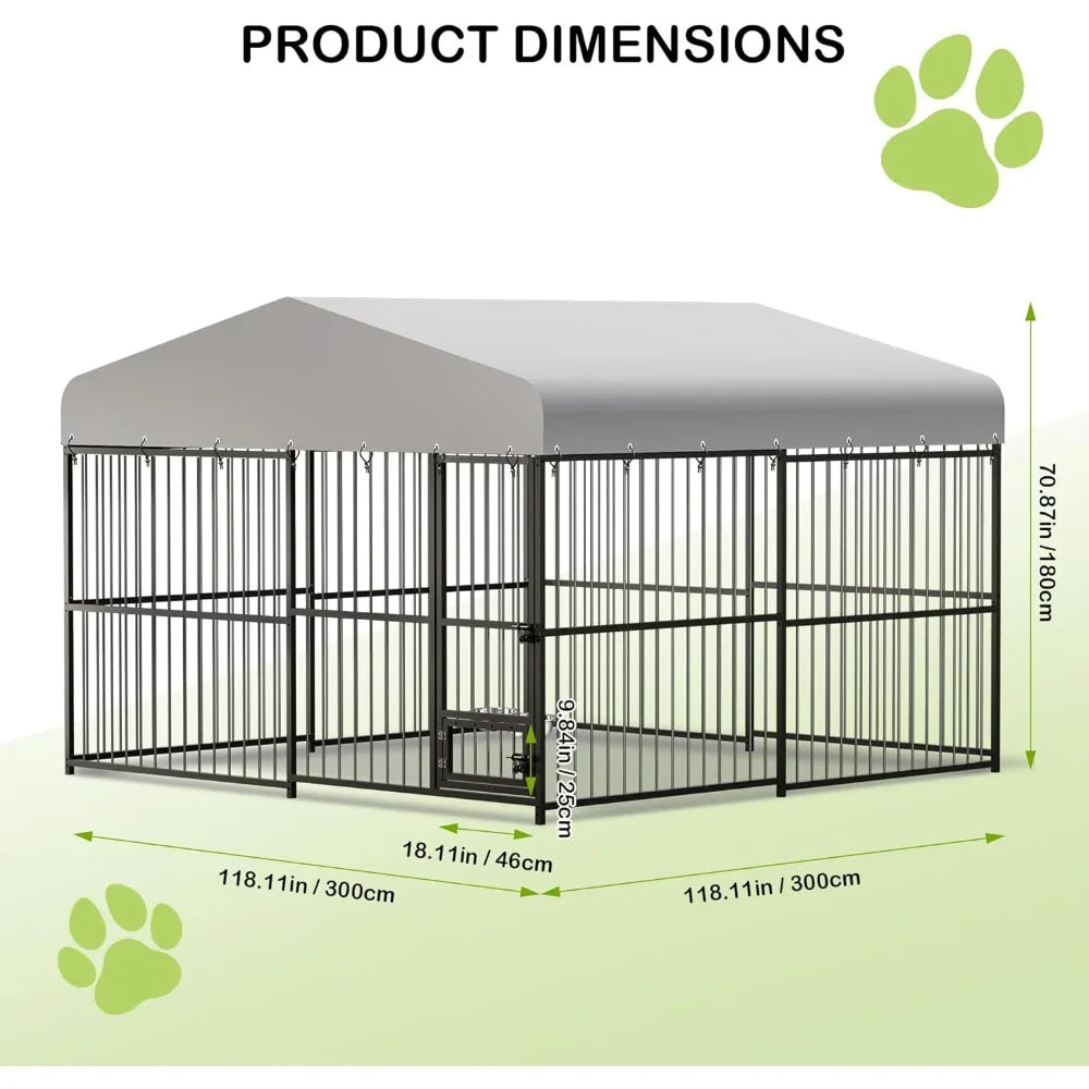 Large Outdoor Dog Kennel - 10x10x6 Feet, Heavy Duty Cage with Lock, Waterproof Roof, and Swivel Stainless Steel Feeding Bowl