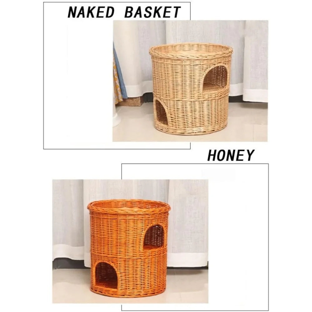 Indoor Willow Wicker Cat Tower with 2-Level Beds, Play and Sleep Furniture for Kittens, 42x42cm Pet Den and Cozy Bed