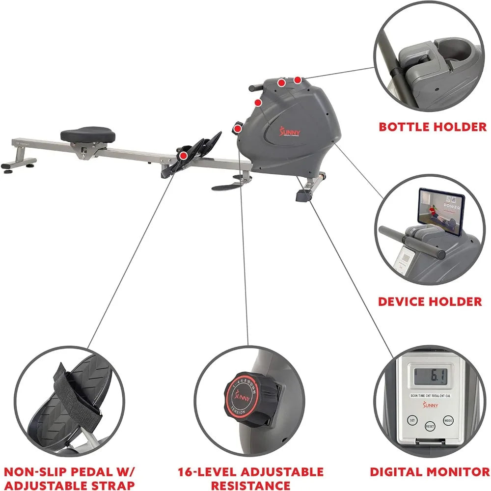 Premium Magnetic Rowing Machine by Sunny Health & Fitness with Multi-Function Exercise Options, Including Bicep Curls, Upward Ro