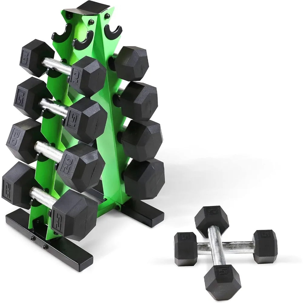 Rubber Coated Hex Dumbbells Set - 5 to 25 Lbs with Storage Rack for Muscle Toning and Strength Training
