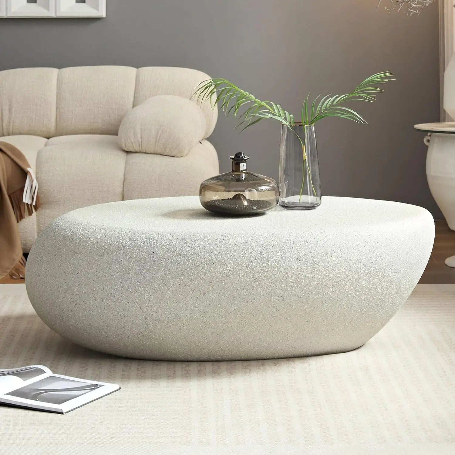 43.3" Oval Coffee Table with Grainy Matte Rocks Pattern, Modern Irregular Center Table,Drum Fiberglass Coffee Table Accent Side