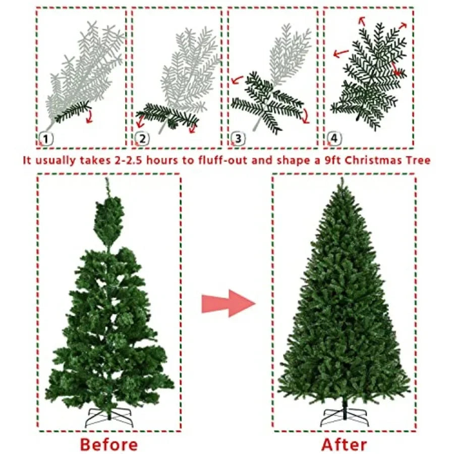 9ft Prelit Spruce Artificial Hinged Christmas Pine Tree Prelighted Holiday Xmas Tree for Home Party Decoration with 850 Warm Wh