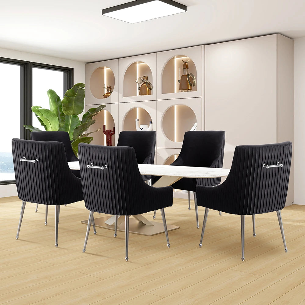 SEYNAR Modern Velvet Pleated Finish Back Dining Chair Set of 6 with Rear Handle