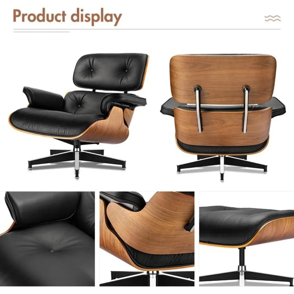 Mid Century Chaise Lounge Chair with Ottoman, Top Black Grain Leather Modern Office Chair Classic Design,Heavy Duty Base Support