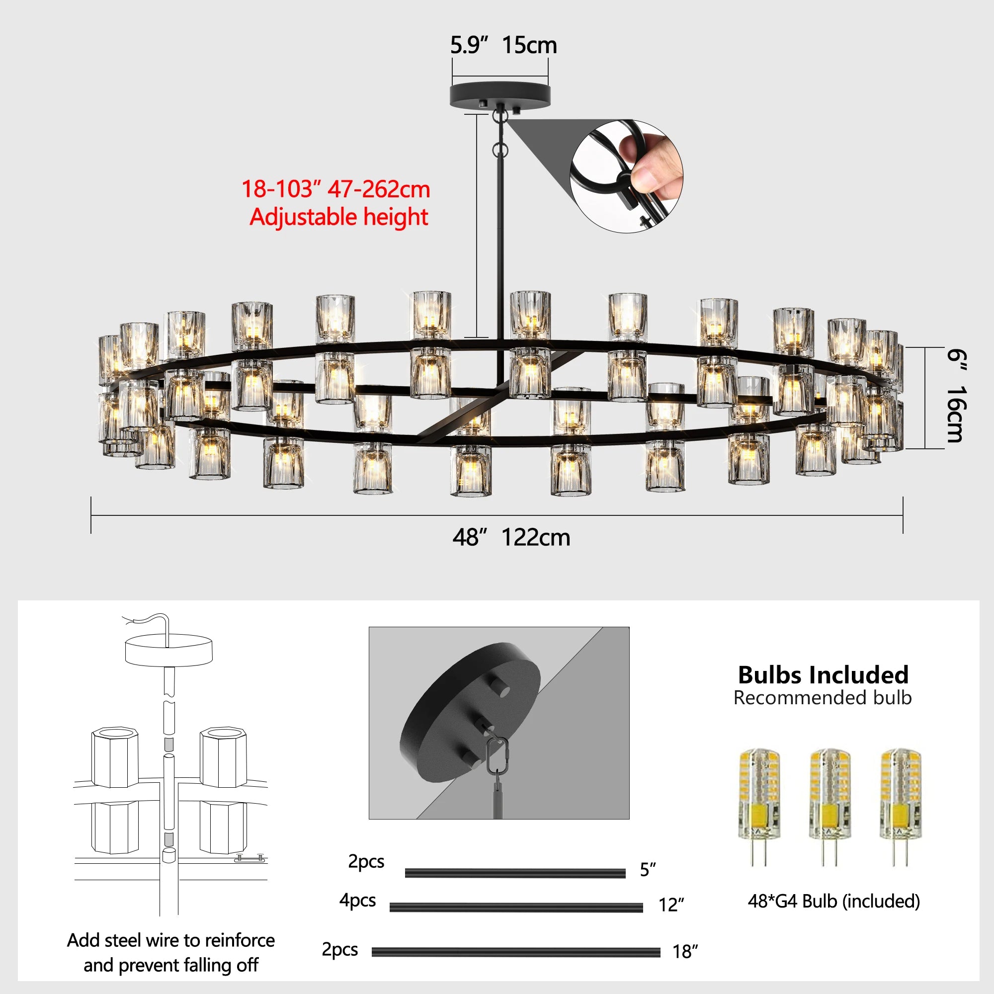 Wagon Wheel over Table, Modern 48 Inch Black Round Chandelier Light Fixture, Crystal for Dining Room, Living Room