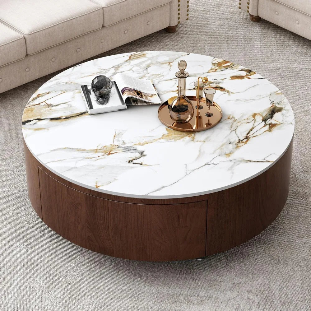 35.4-Inch Mid-Century Modern Marble Top Coffee Table with Drawers | Round Design | Solid Walnut Wood | Fully Assembled