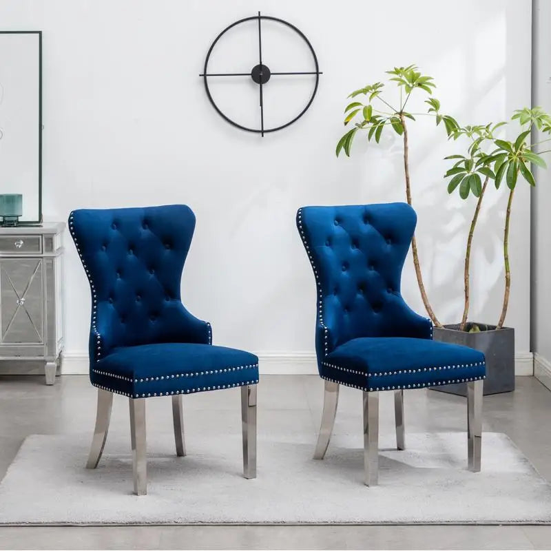 Set of 2 Contemporary Tufted Velvet Chairs with Nailhead Trim - Blue, Upholstered Accent Chairs for Living Room or Home Office
