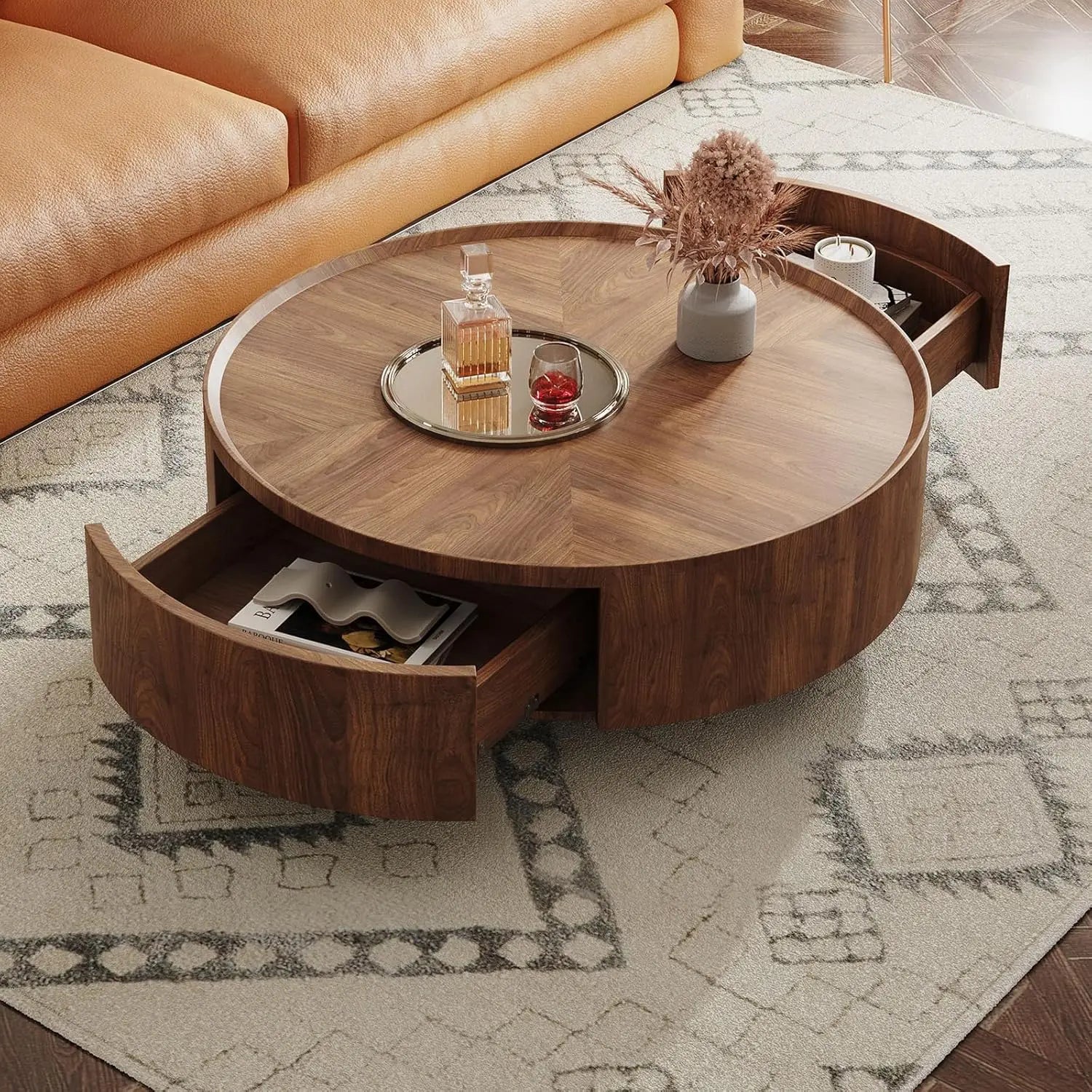 35.4" Mid-Century Modern Walnut Coffee Table with Storage Drawers | Fully Assembled | Round Corners | Elegant & Durable