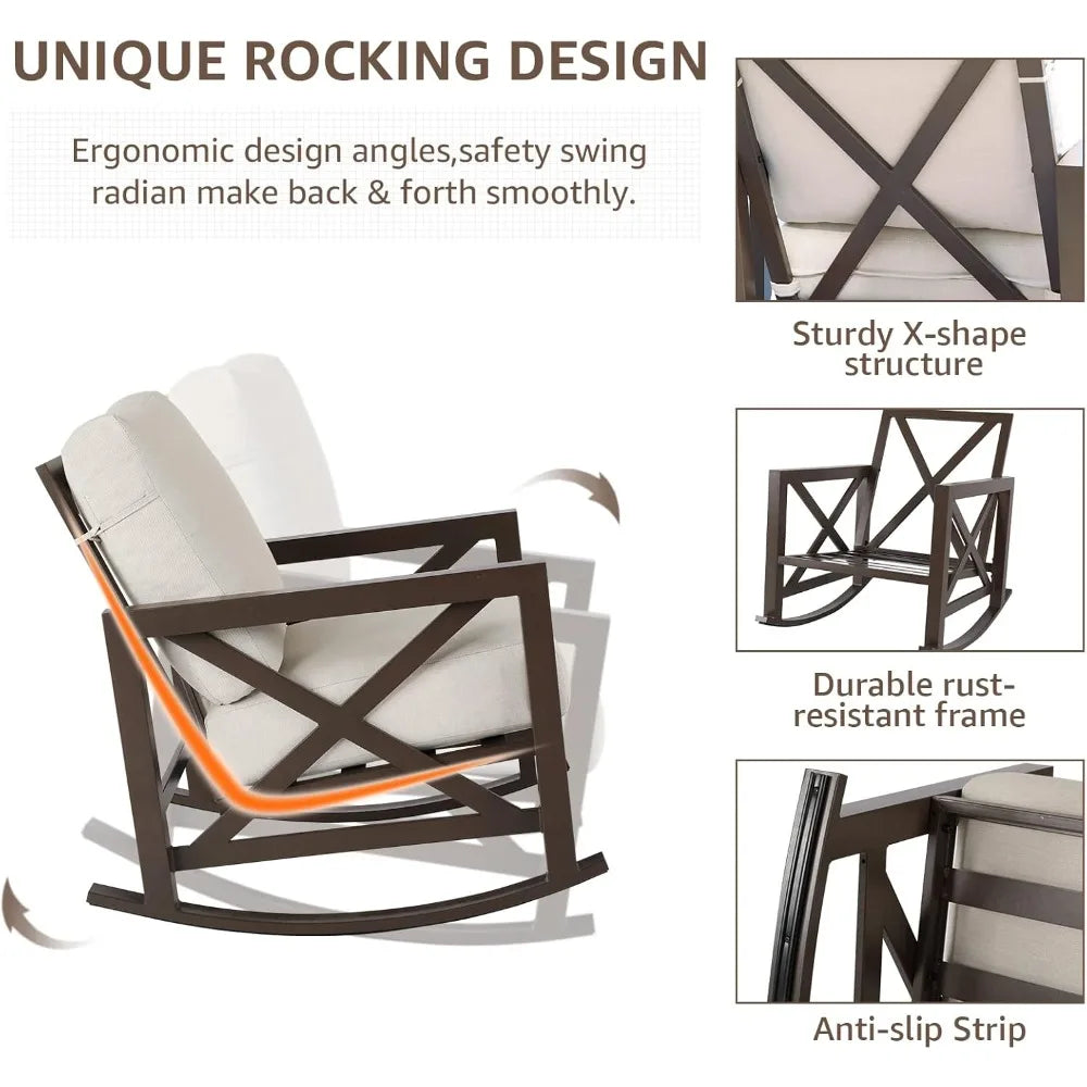 Rocking Bistro Set, 3 Piece Outdoor Patio Conversation Furniture Set with 2 Rockers and 1 Metal Coffee Table with Thick Cushion