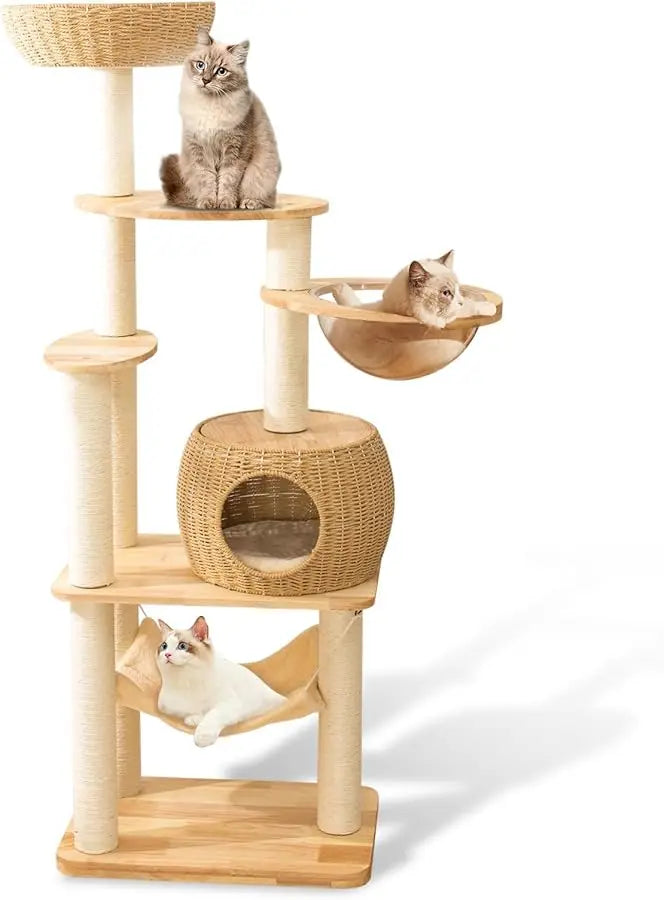 Large Wood Cat Tree Tower for Indoor Cats, Multi-Cats Scratching Post & Cat Condo with Handwoven Cat House Basket, Thick Sisal P