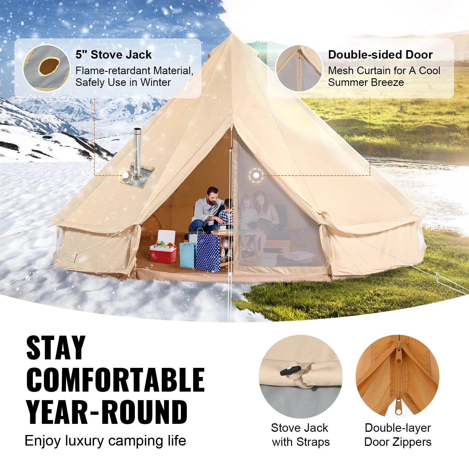 SucceBuy Canvas Bell Tent 4 Seasons 5m Yurt Tent Canvas Tent for Camping with Stove Breathable Tent Holds up to 8 People
