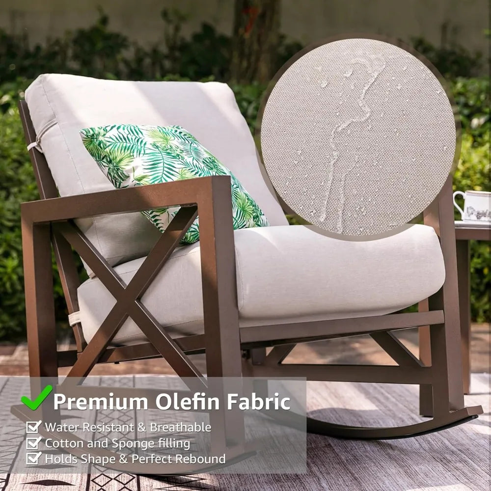 Rocking Bistro Set, 3 Piece Outdoor Patio Conversation Furniture Set with 2 Rockers and 1 Metal Coffee Table with Thick Cushion