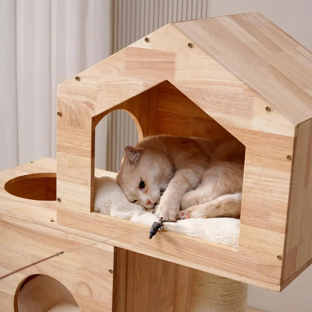 shengocase modern real solid rubber wood large cat tree tower castle with big enclosed bed, house condo, scratching post and sis