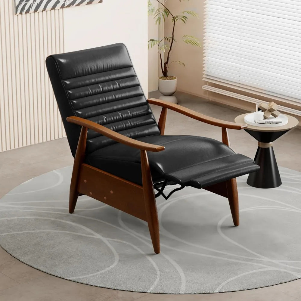 Leather Recliner Chair, Mid Century Push Back Accent Ｃhair, Comfortable Living Room Chair with Solid Wood Frame, High Back Loung
