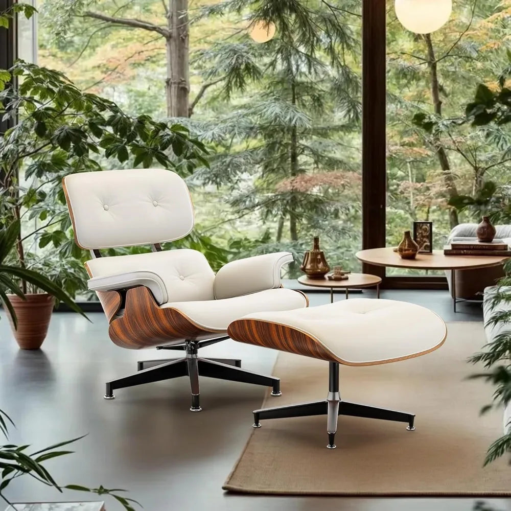 Top White PU Leather, Mid Century Chaise Lounge Chair and Ottoman, Modern Chair Classic Design, Palisander Wood, Heavy Duty Base