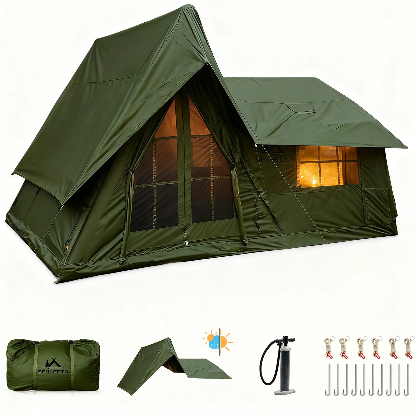 6-8 Person Large Inflatable Camping Tent, 4 Season Blow Up Tent with Rainfly/Canopy, Luxury Air Tent House with Stove Jack