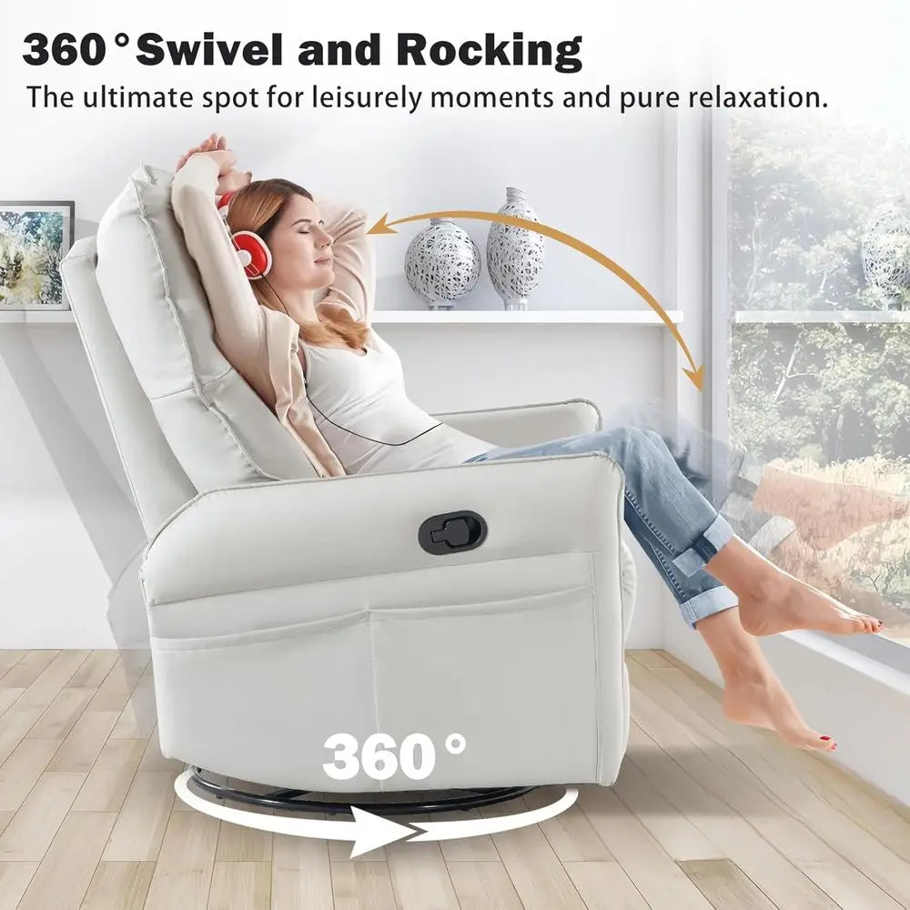 Swivel Rocker Recliner Chairs for Adults - Small Faux Leather Manual Recliners with Overstuffed Comfort for Living Room