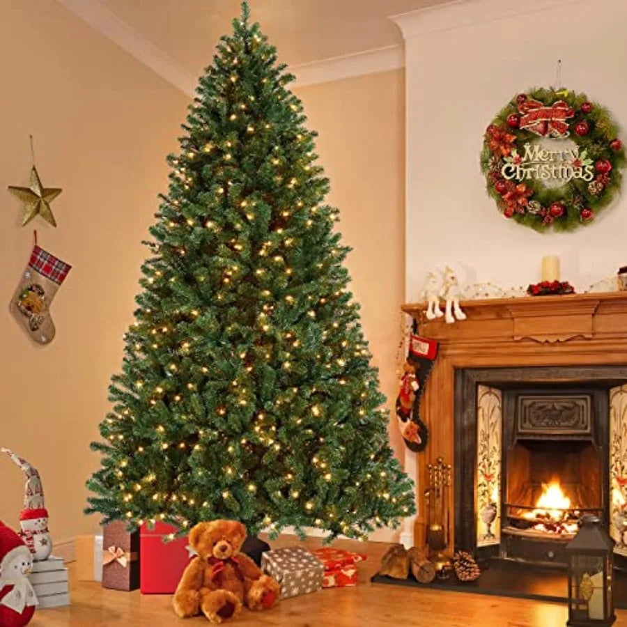 9ft Prelit Spruce Artificial Hinged Christmas Pine Tree Prelighted Holiday Xmas Tree for Home Party Decoration with 850 Warm Wh